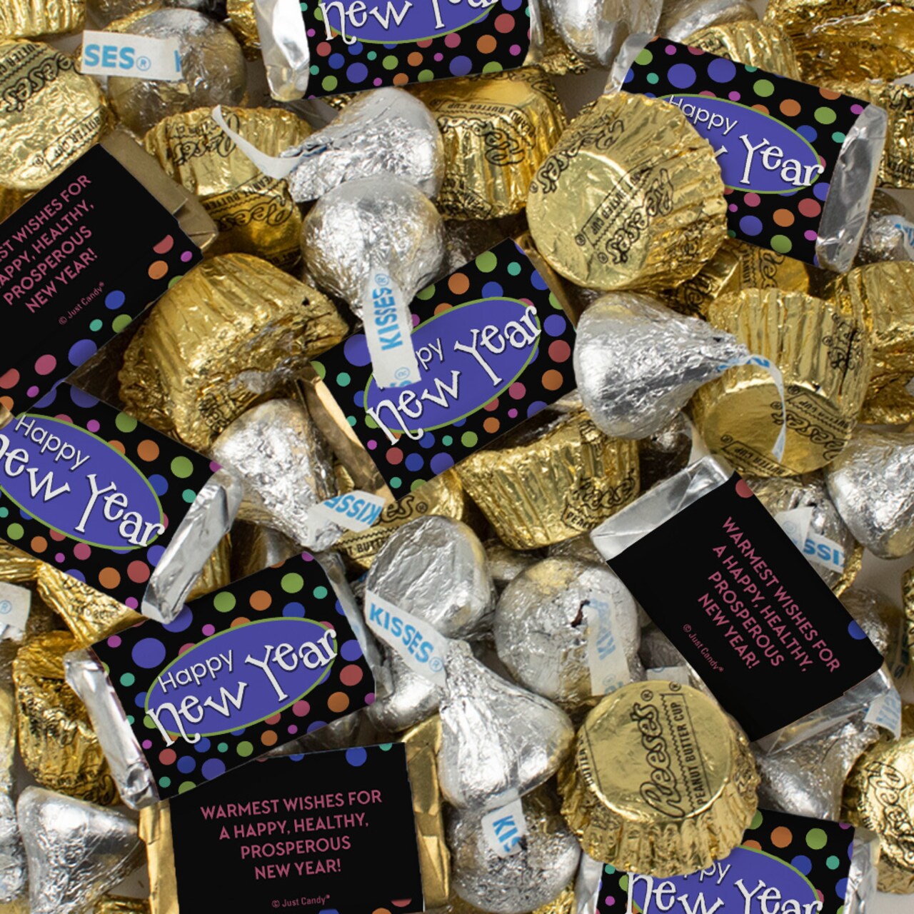Happy New Year Assorted Chocolate Candy Mix - Wrapped Chocolate Miniatures, Silver Foiled Kisses & Gold Mini Peanut Butter Cups - Polka Dot